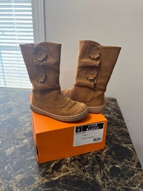 Livie & Luca Tan Suede Flower Appliqué Boots